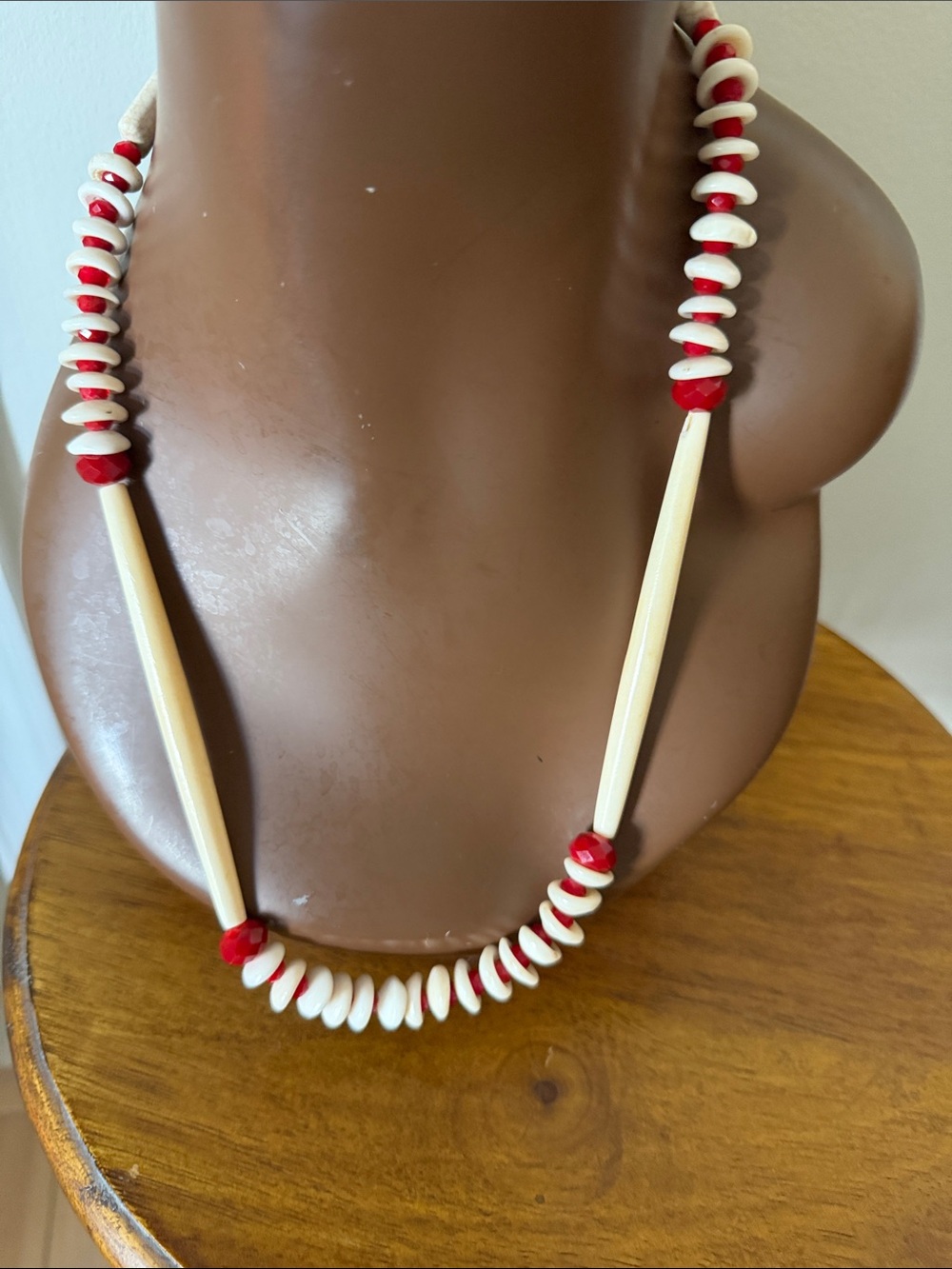 Handcrafted Red and Cream bone and crystal Beaded Women's Necklace
